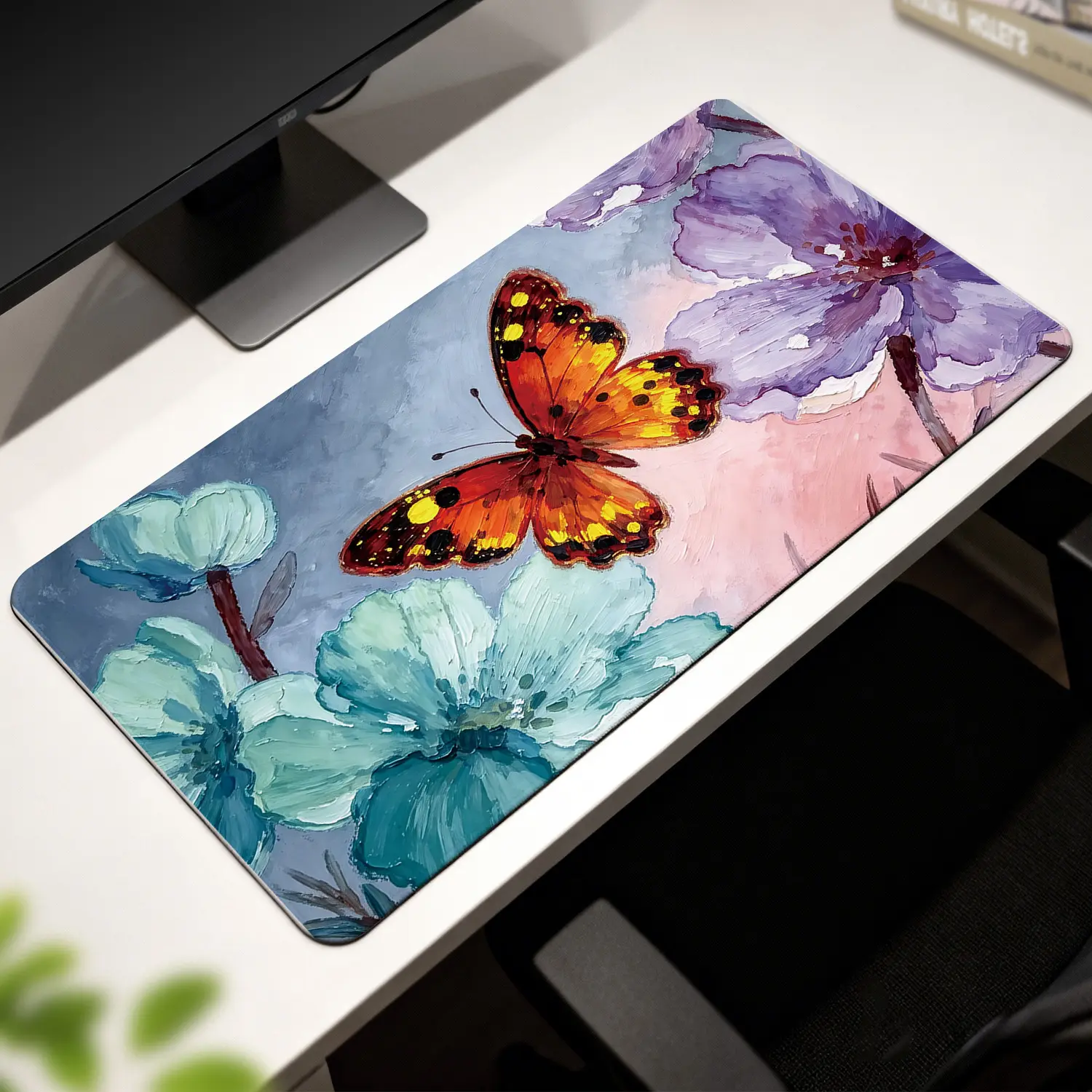 Premium Rectangular Orange Butterfly & Floral Colorful Art Mouse Pad, 40*80cm, Non-Slip Rubber Base, Durable Precision-Move Desk Accessory, Stitched Edges for Office Users