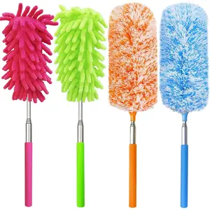 Extendable Microfibre Feather Duster with Handle, 4 Pcs Washable Home Cleaning Tool, 13"-30" Extendable Pole for Car Interior, Office, Furniture