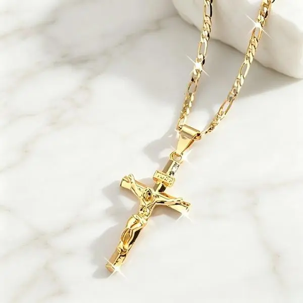Men's Gold-Plated Jesus Crucifix Cross Necklace Pendant, Retro Smooth Figaro Chain, Non-Tarnish Faith Style Religious Wear Jewelry, Ideal for Easter, Graduation Gifting for Any Occasion, Faith Style Necklaces