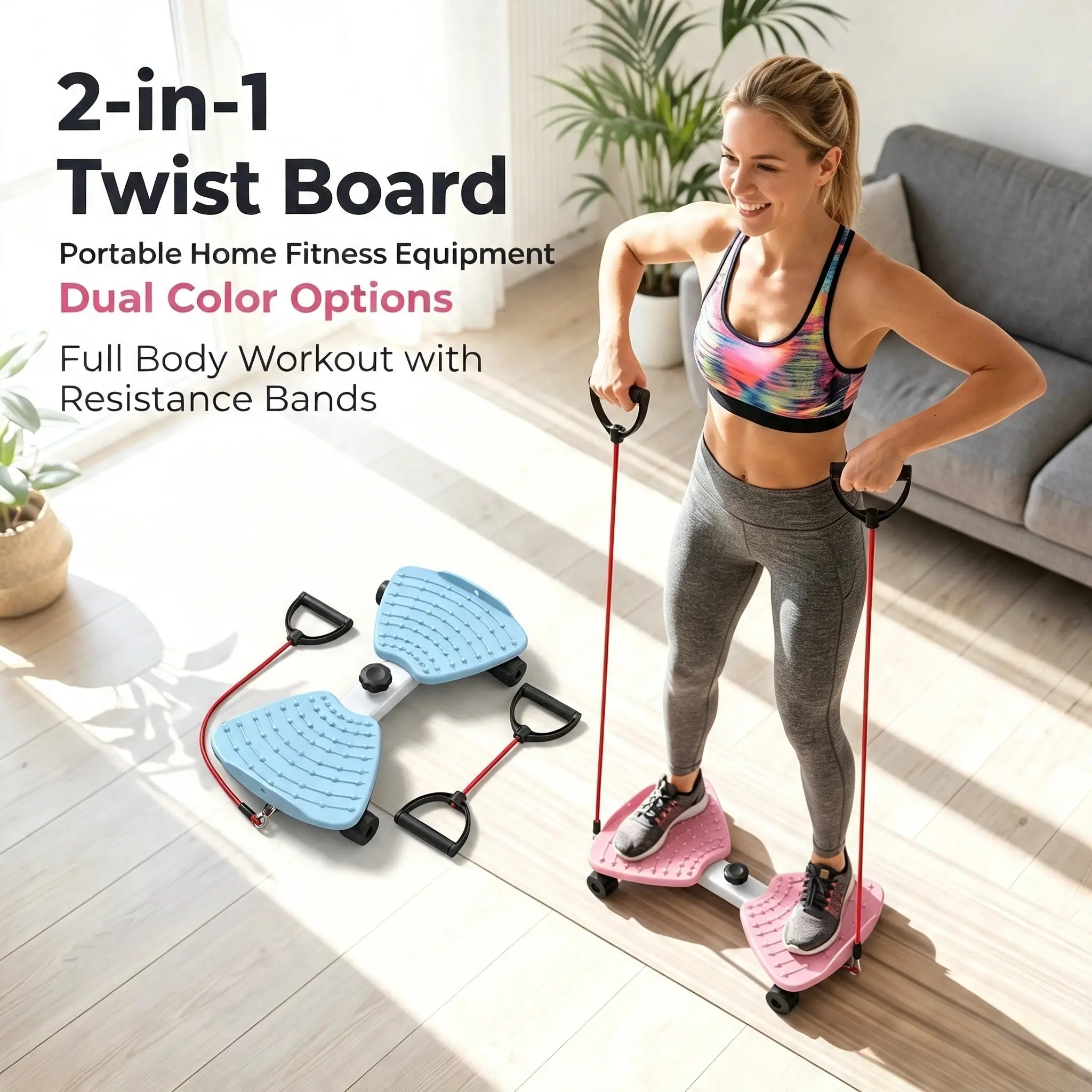 2-in-1 Twist Board with Resistance Bands, Portable Waist Leg Arm Workout Trainer, Non Slip Twist Exercise Machine Adjustable Intensity Full Body Fitness Equipment for Home Family Indoor Workout