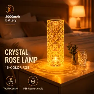 Crystal Rose LED Lamp, RGB Dimmable Touch Night Light, USB Rechargeable Portable Desk Lamp for Bedroom Decor