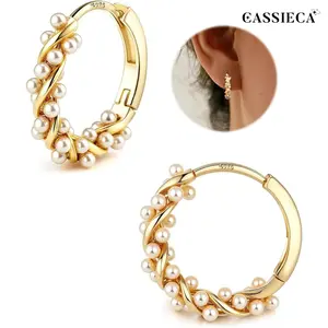 CASAIECA 925 Pearl Earrings Twist Pearl Hoop Earrings for Women Teens Pearl Earrings Silver/Gold/Rose Gold Wedding Bridal Earrings