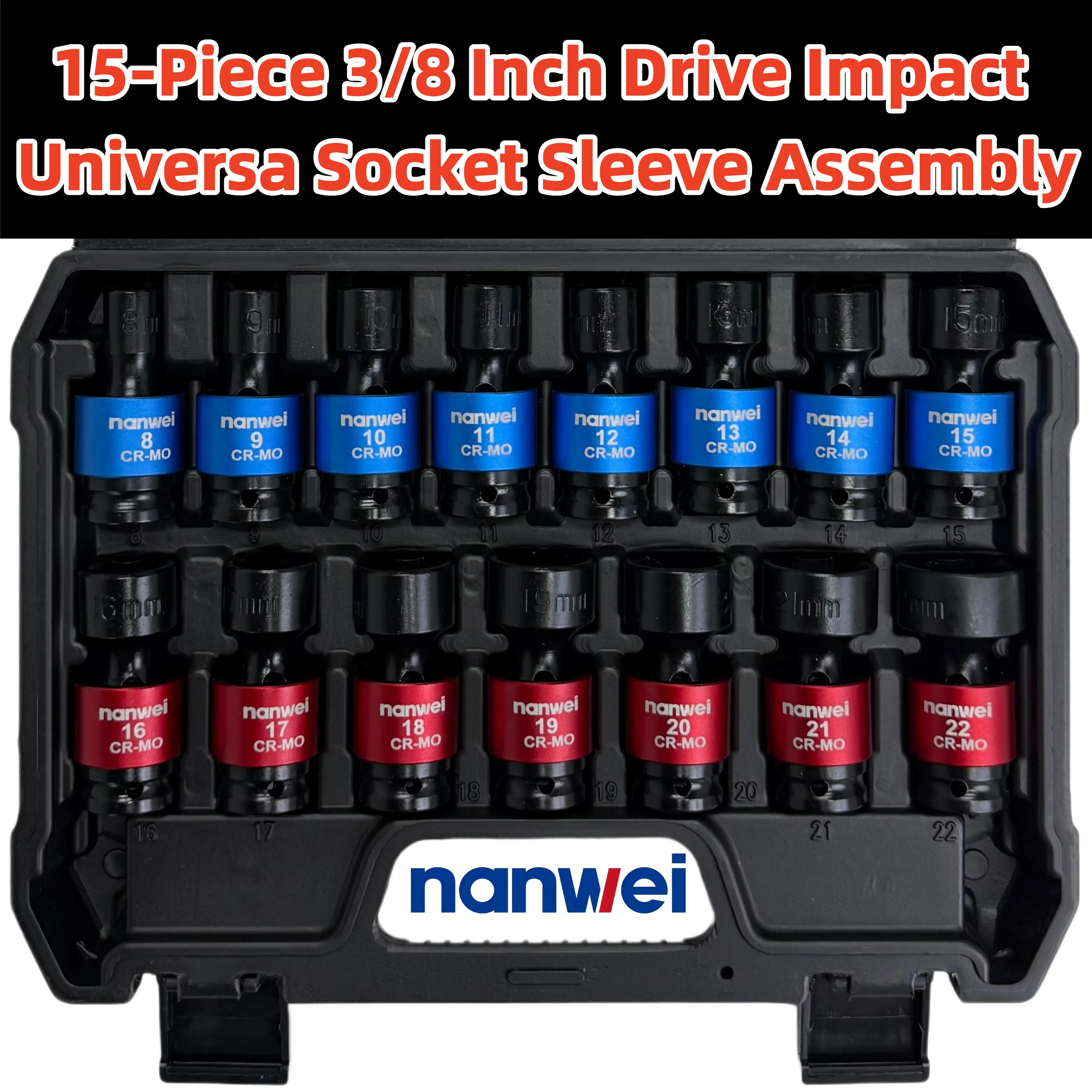 15Pcs 3/8 Inch Drive Universal Impact Socket Set, Metric 8-22mm CR-MO Swivel Flexible Joint Socket Wrench Bits, Color Coded Impact Sockets with Hard Storage Case for Auto Garage Repair