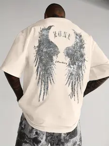 Men's Summer Trendy Dark Style Silver Angel Print Short Sleeve T-Shirt, Soft Cotton Fabric, Breathable, High-Definition Print, Comfortable