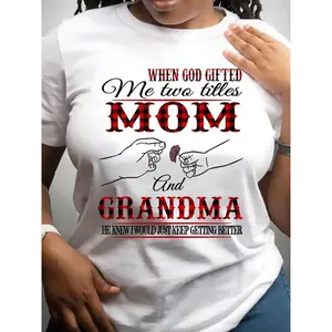 Women'S Funny Grandma & Mom Quote T-Shirt - "When God Gave Me Two Titles" Heartwarming Gift, Soft Round Neck Short Sleeve Casual Casual Attire, White with Red & Black Lettering, Funny Grandma Saying for Mother'S Day, Birthday