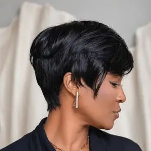 Realistic Trendy Layered Pixie Cut Short Wigs with Bangs 100% Human Hair Wigs 150% Density Machine Made Wigs Natural Black Color