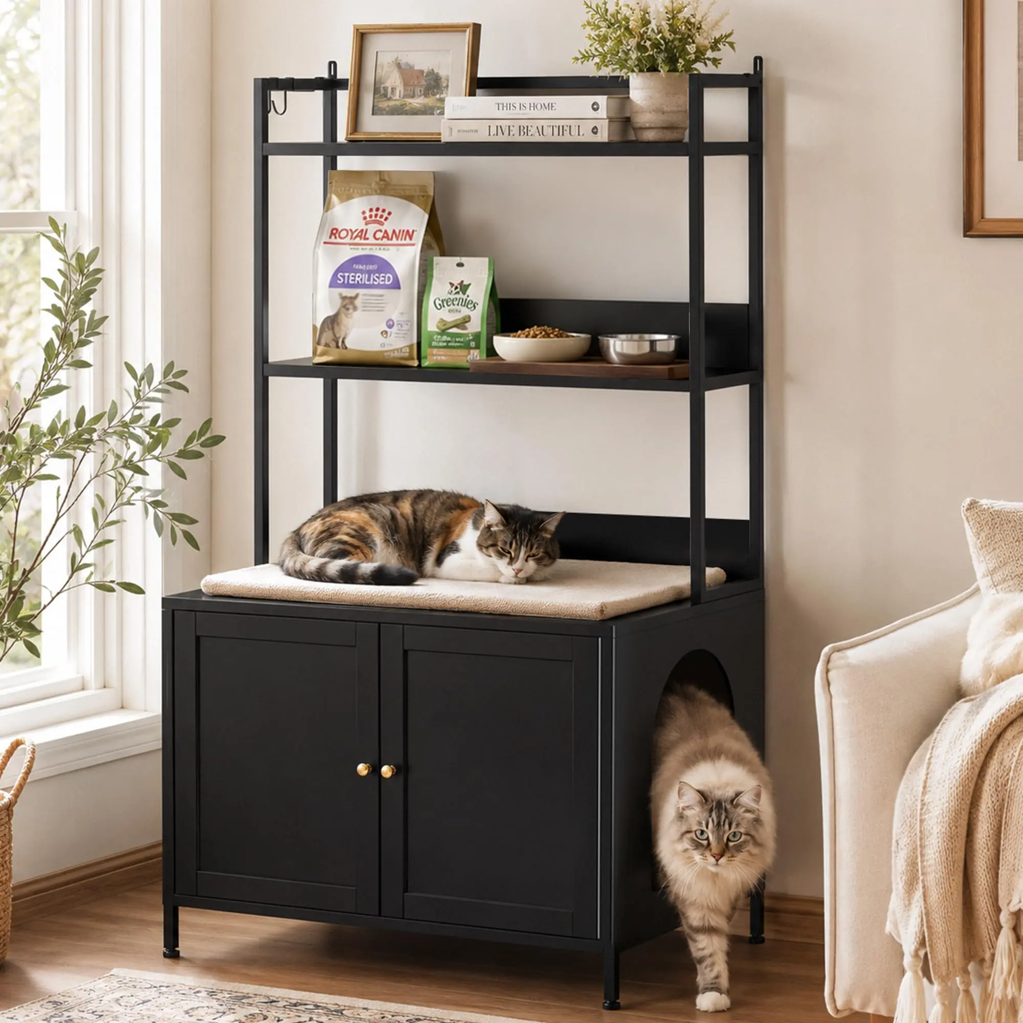 BIZOE Litter box furniture with removable divider, concealed enclosure and side table - with storage shelf - TV cabinet style