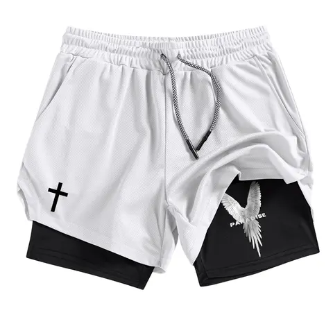 Men's Cross & Eagle Print Pocket Gym Shorts, Graphic Athletic Shorts, Graphic Fitness Shorts, Regular Fit Breathable Quick Drying Streetwear Sports Shorts for Gym Workout Running, Men's Sportswear for Summer