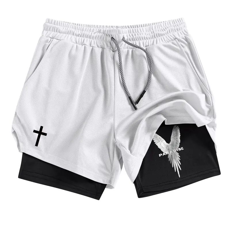 Men's Cross & Eagle Print Pocket Gym Shorts, Graphic Athletic Shorts, Graphic Fitness Shorts, Regular Fit Breathable Quick Drying Streetwear Sports Shorts for Gym Workout Running, Men's Sportswear for Summer