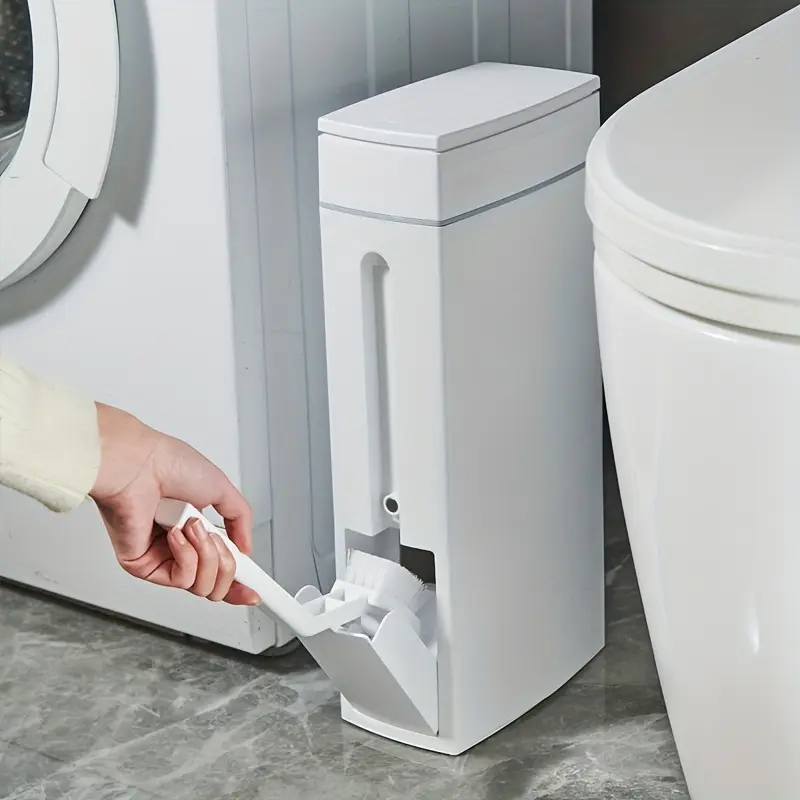 Ultra-thin corner trash can with toilet brush and stand, Bathroom supplies, durable plastic design, compatible with toilet paper holder, multi-functional cleaning tool, Bathroom Accessories Organizer