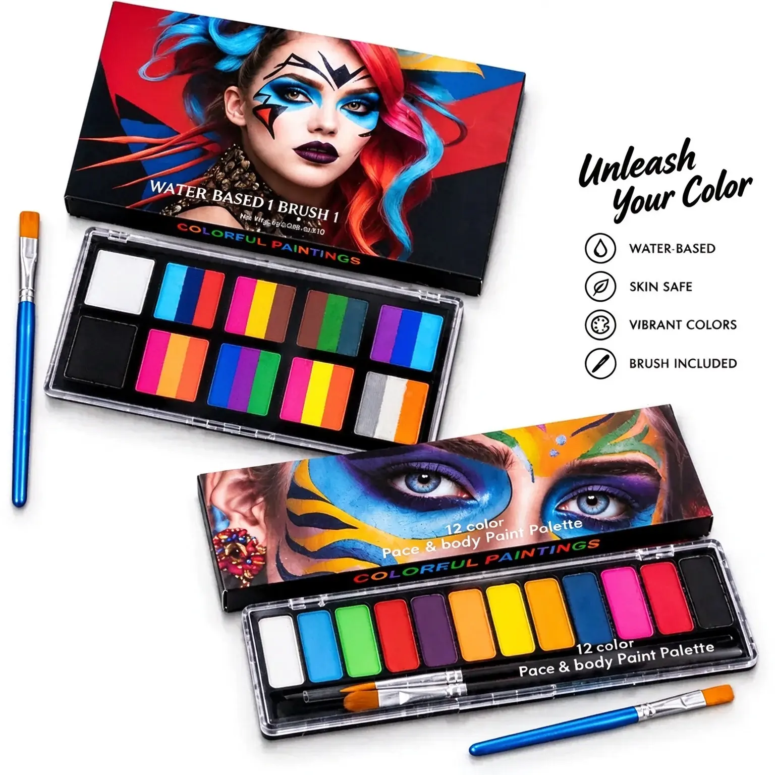 Women's Professional Smooth Non-Toxic Water-Based Face & Body paint palette Kit - 36-Color Palette with 1 Brush for Halloween Cosplay, SFX Makeup,Cosmetic  ,  festival use,familyfun