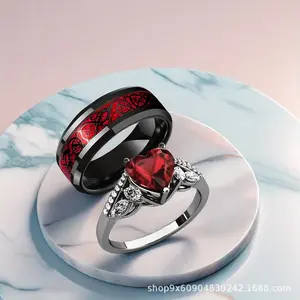 Inlaid Ruby Women's Heart Ring New Style Unisex Couple