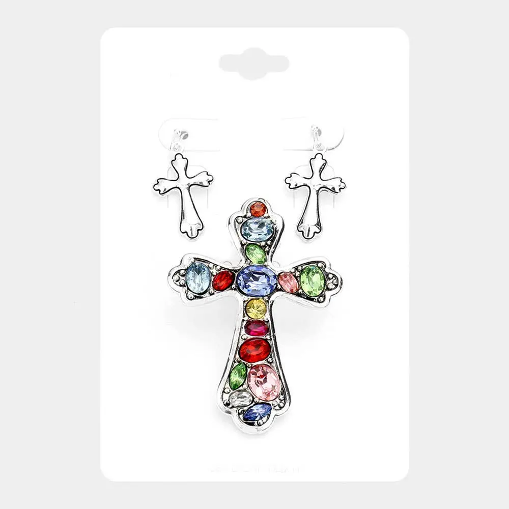 Multi Stone Cross Magnetic Pendant Set
