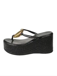 Summer New Metal Decorated Wedge Sandals for Women, Thick Sole Height Increasing Slippers, Elegant Leopard Pattern Textile Shoes