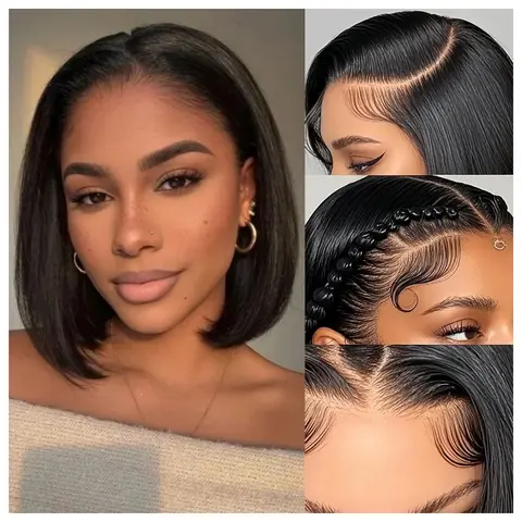 VRbest Women's 16in Straight Human Natural Hair Short Bob Lace Front Wig, 13x4 HD Frontal, Pre-Plucked Transparent Lace, 180% Density, Black Pre-Styled Glueless Wigs Human Hair