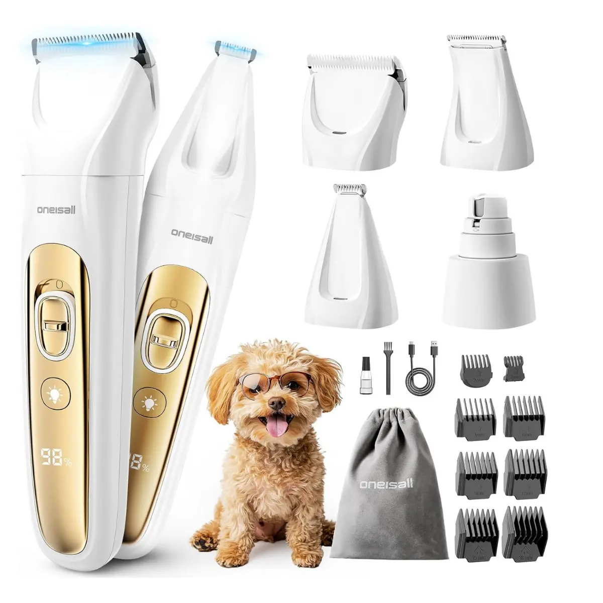 4-in-1 Quiet Dog Grooming Kit, LED Light Dog Nail Grinder, 2000mAh Electric Pet Grooming Clippers with Storage Bag for Paw, Nail, Body Grooming