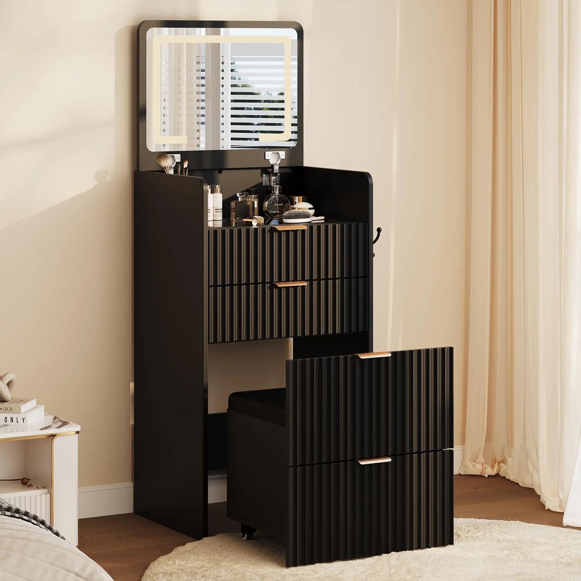 GARVEE 3 in 1 Vanity Desk with 3 Drawers and Rolling Stool, Compact Vanity with Flip Top Mirror and Lights, Modern Small Makeup Vanity Table with Charging