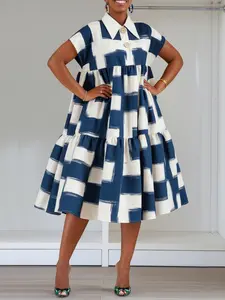 Women's A-Line High-Waisted Button Front Colorblock Collared Lapel Long Dress, Elegant Casual Aesthetic Fashion for Spring & Fall