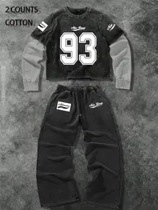 Trendy European-American Style! 2-Piece Retro Vintage Racing Look Cotton Top Set + Casual Cotton Pants, Eye-Catching Streetwear