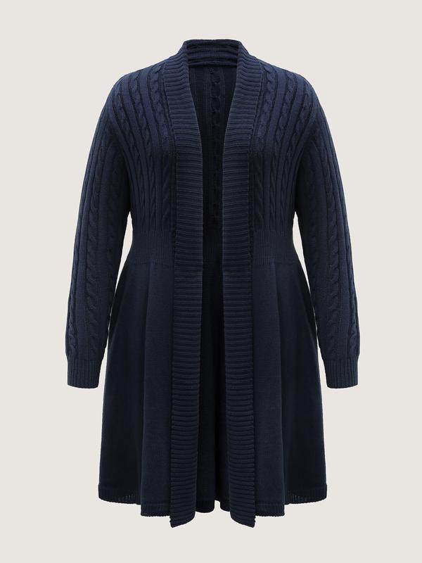 BLOOMCHIC Indigo Cable Knit Cinched-Flared Waist Knit Cardigan with Long Sleeves and Kimono Collar for Timeless Style Fit Knitting Knitwear Women Womenswear
