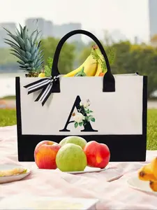 Letter Pattern Tote Bag, Personalized Initials Beach Bag, Casual Trendy Versatile High-quality Daily Commuting Bag, Girl Fashionable Shopping Bag
