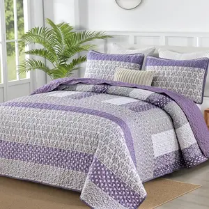 Purple Queen Size, Bohemian Stripe Sets 3 Pieces Boho Quilted Bedspread Set Lightweight Microfiber Coverlet Bedding Set All Season (96"x90")