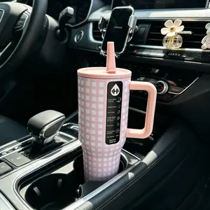 HydroJug 40oz Pink White Gingham Handle Tumbler - Sweet Girly Style, Large Capacity Leak‑Proof Insulated Cup for Car, Commute & Student Use