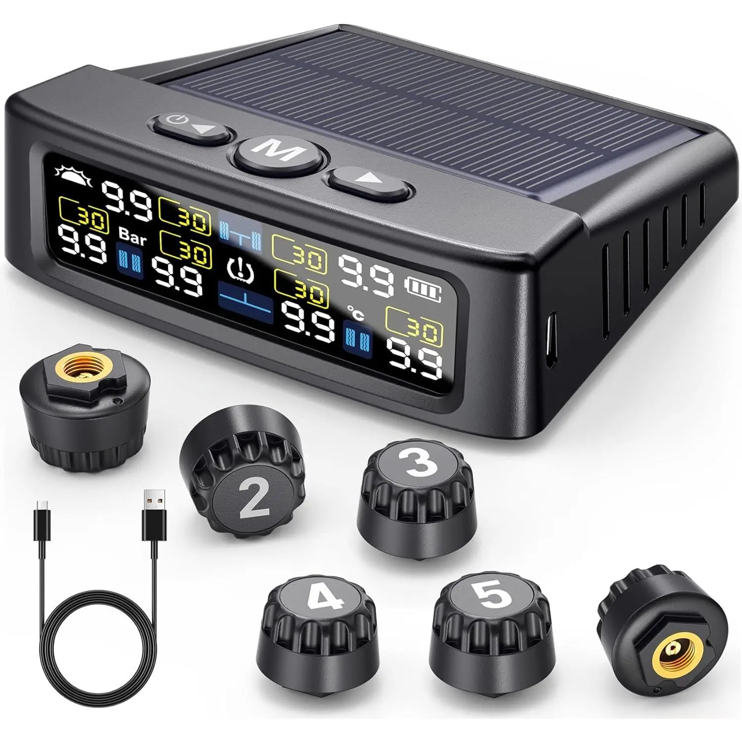 Tire Pressure Monitoring System, Real-time Solar Wireless TPMS with 6 Tire Pressure Sensor, Digital LCD Display, Auto Security Alarm for RV SUV MPV Truck Sedan