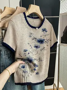 Women's Chinese Style Blue Floral Print Knit Sweater T-Shirt, Round Neck Short Sleeve, Casual Everyday Breathable Design, All Seasons Knitwear