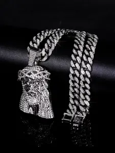 Exaggerated Charm Head of Jesus Pendant, Iced Out Blingbling Necklace, Unisex Punk Style, Sparkling, Ideal Gift, Iced Out Jewelry