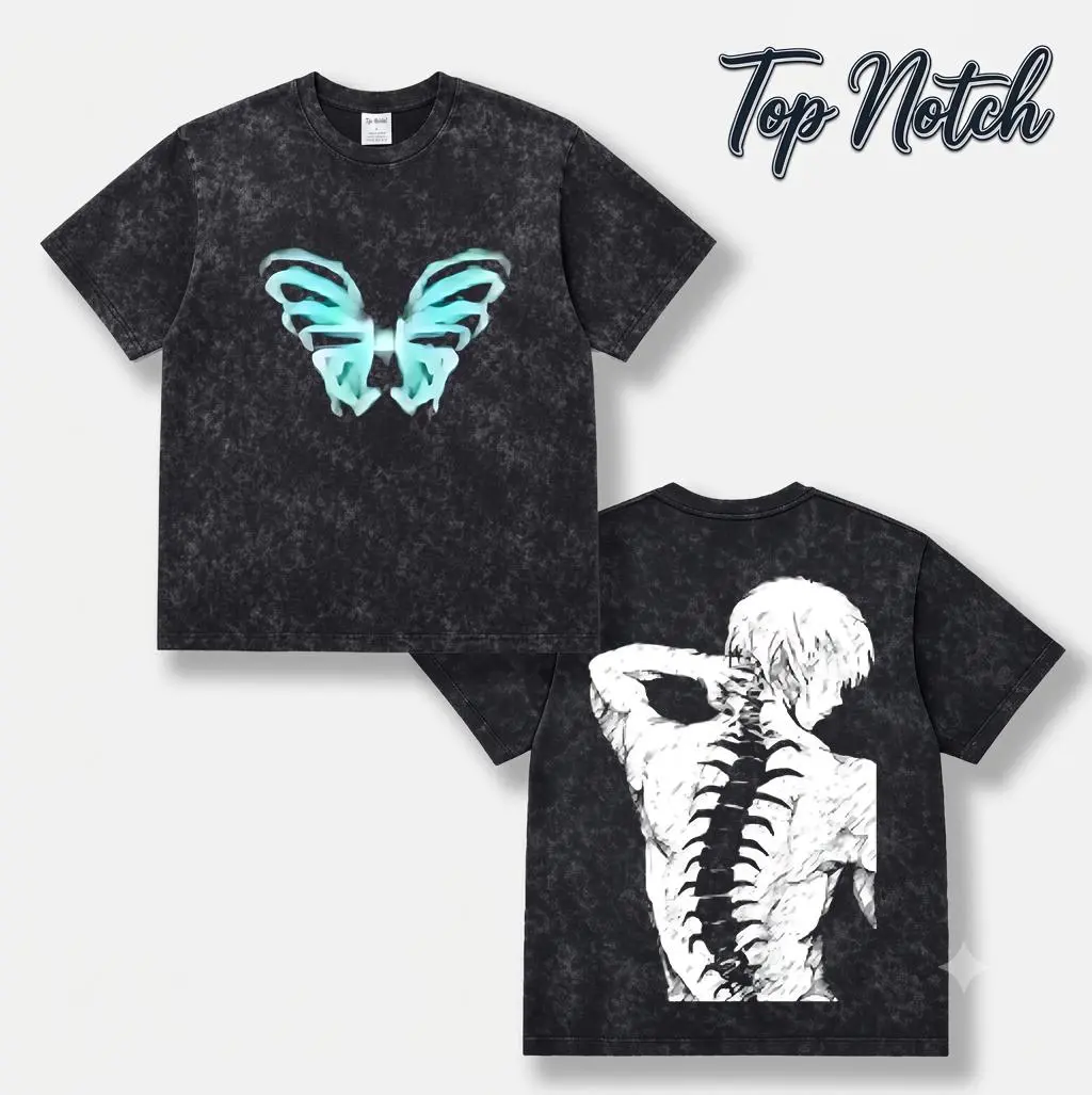 Menswear Oversized Dark Fantasy T-Shirt, Men's Casual Short Sleeve Tops with a Vintage Wash and Ribcage Butterfly Graphic, Personalized