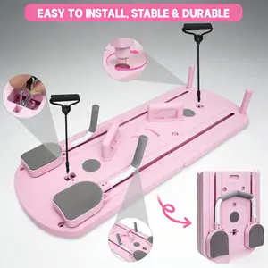 8-in-1 Foldable Pink Pilates Reformer Set, Full-Body Home Balance Training Equipment with Timer, Gym Floor Mat, Adjustable Handle Straps, Compact PR Elbow Wraps Gym Accessories