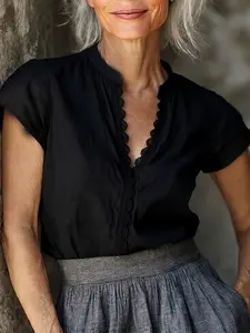Women's Elegant Solid Color Lace Hollow Out V Neck Top, Vintage Mixed Linen Breathable Shirt, Spring Summer Fashion Versatile Blouse
