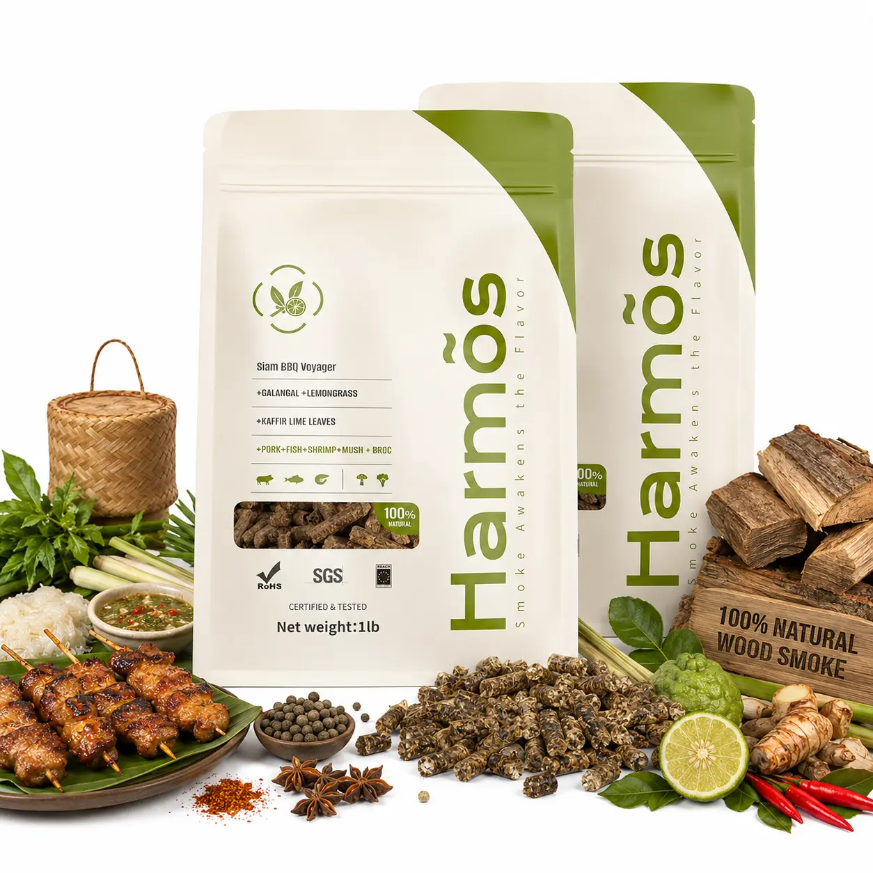 Harmos BBQ Wood Pellets Siam Voyager  2-Pack Lemongrass & Lime Smoker Pellets for Outdoor Cooking Oak, Hickory, Mesquite More Premium Pellets for Electric Pellet Grills Smokers