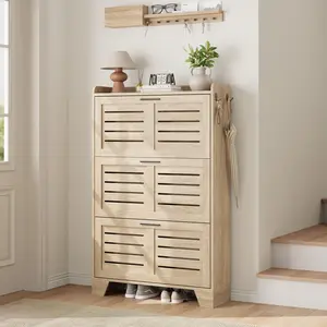 Entryway Shoe Cabinet – Slim Freestanding Shoe Storage with 3 Flip Drawers, Narrow Hidden Shoe Organizer with Hooks for Hallway, Foyer, Entrance