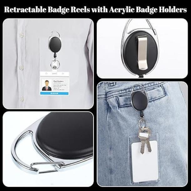 [New Deal] 2 Set Badge Holder Retractable Clip Heavy Duty Reels with Acrylic Clear Vertical ID Card Badge Holders for Work Office Removable Cardholder Hard Plastic