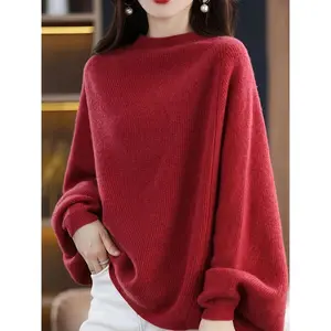 Plus Size - Plus Size - Women'S Plus Size Red Cozy Fleece-Lined Batwing Sweater - Elegant Round Neck Long Sleeve Winter Warm Pullover, Soft Stretchy Casual Sweater for Fall & Winter, Plus Size Friendly Comfortable Everyday Sweater, Burgundy Jumper Women K