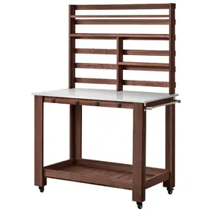 Potting Bench Table, Outdoor Gardening Workstation with 45x 26 in Stainless Steel Tabletop, Storage Shelves, 4 Casters, Hooks, Garden Planting Station for Outside Patio, Backyard, Brown