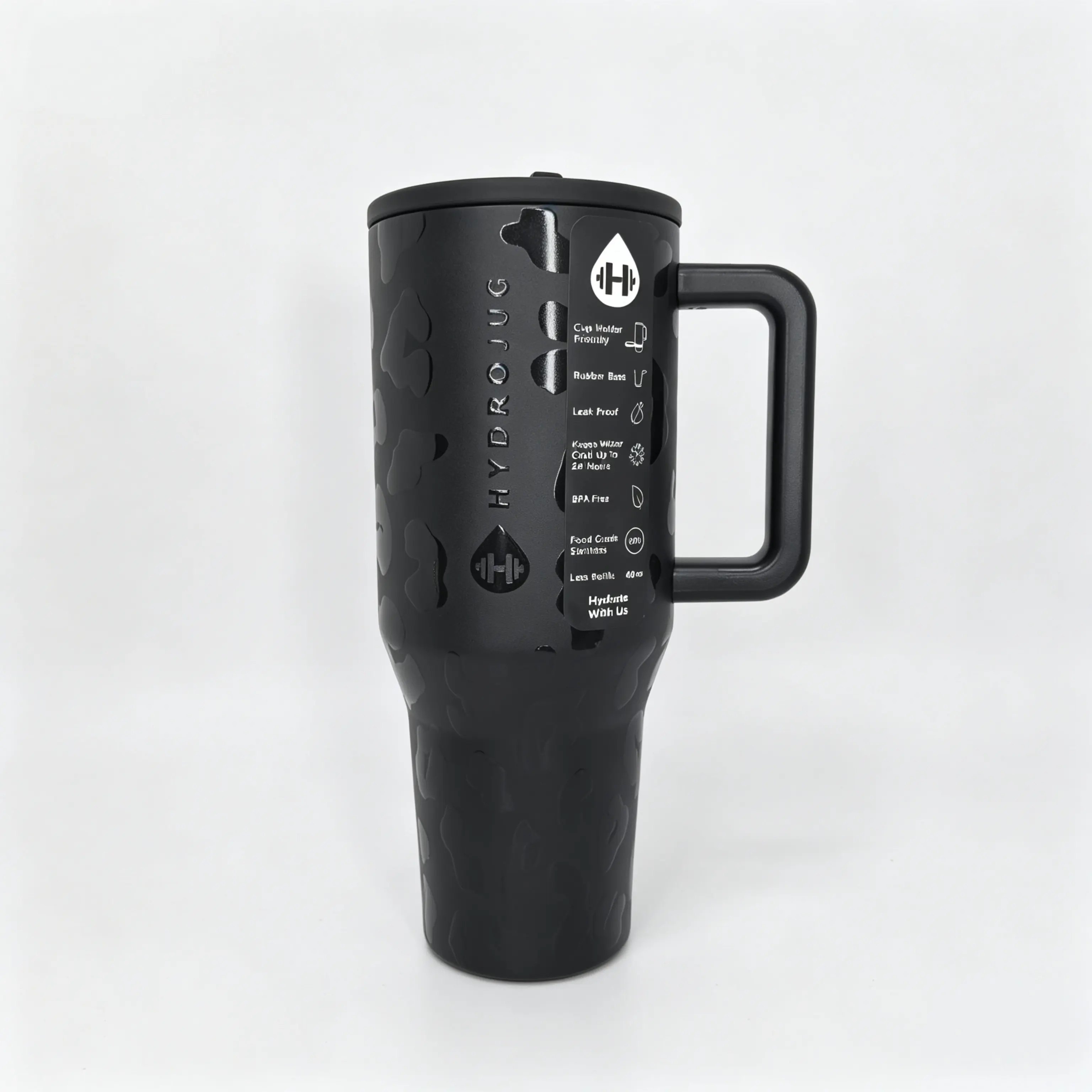 HydroJug 40oz Capacity Stainless Steel Vacuum Insulated Travel Mug - Lightweight, Stylish Black Cheetah Print, Leak-Proof Lid, Spillproof, Handle, Ideal for Road Trip, Camping (Kitchenware Drinkware)