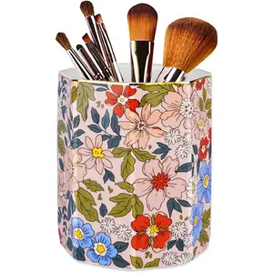 Jwest Pen Holder, Makeup Brush Holder Ceramic Shiny   Floral   Pencil Cup for Girls  Women Durable Stand Desk Organizer Storage  for Office, Classroom, Home Pink