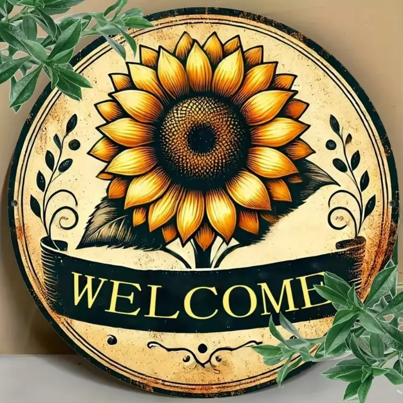 Retro Sunflower Welcome Sign, Rustic Aluminum Plaque for Home & Outdoor