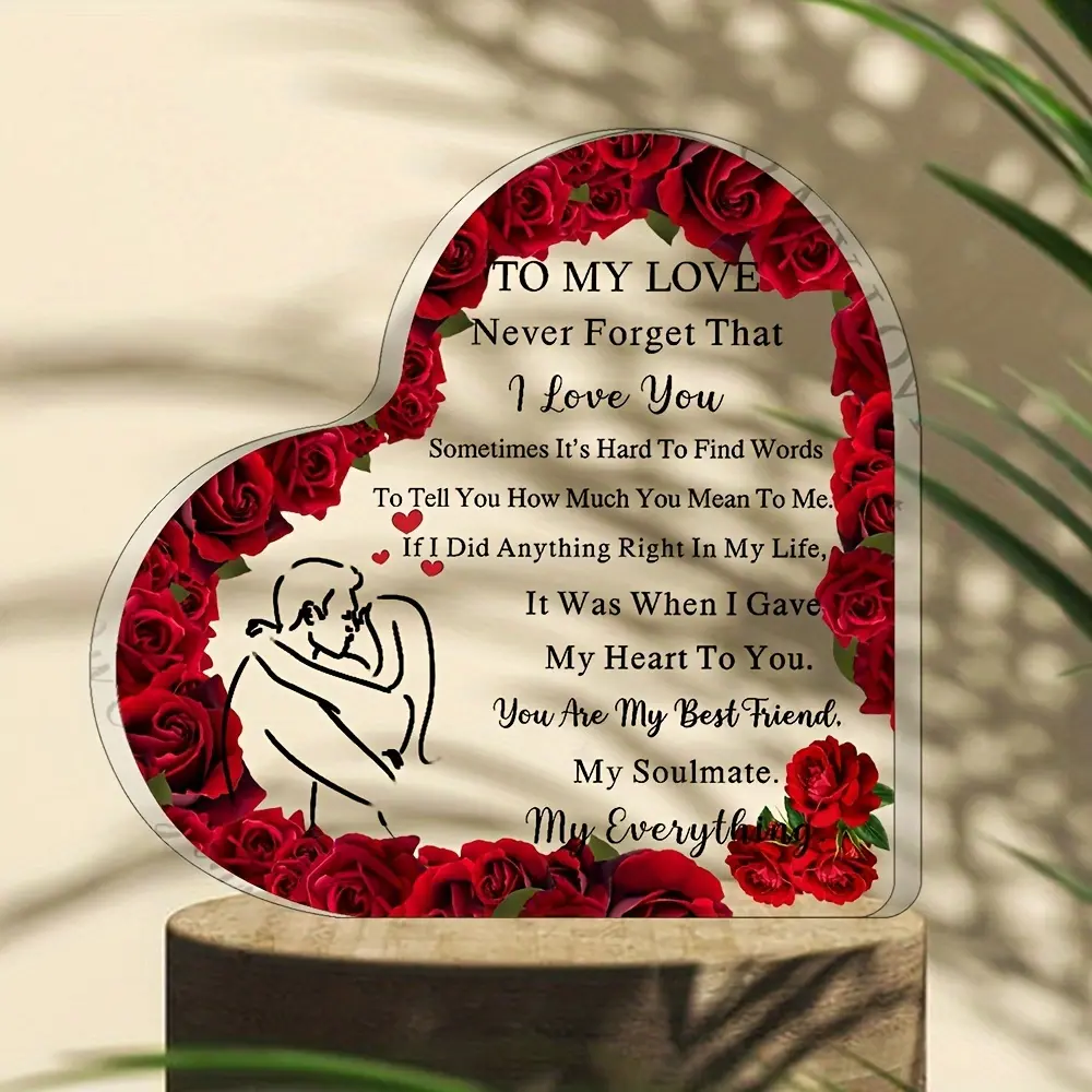 Heart-Shaped Memorial Keepsake for Couples - Acrylic/Crystal Figurine with Red Roses, "To My Love" Confession Gift (Valentine's Day/Anniversary) - "You Are My Everything" Soulmate Token Acrylic Plaque Decor, Decorative Plaque