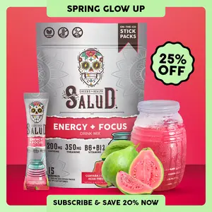 Salud 2-in-1 [Energy + Focus – Guava] Clean Energy Drink Mix, Agua Fresca, Organic Caffeine, B6 & B12, L-Theanine, Drink Packets, Non-GMO, Gluten Free, Vegan, Low Calorie, 1g Sugar (15 Servings), Spring Glow Up