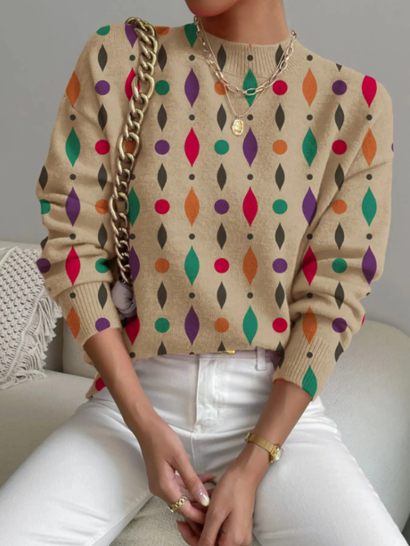 Elegant Women's Geometric Print Sweater, Long Sleeve Warm Casual Knitwear for All Seasons, Fitted and Stylish Design