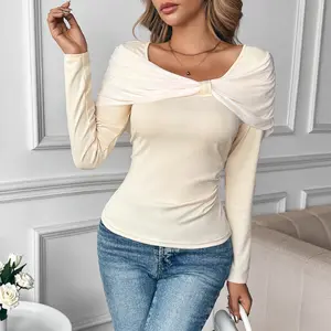 Woman's Twisted Knot Mesh U-Neck Long Sleeve Slim Top, Soft Breathable Stretchy Comfy, Hide Belly Fat, All-season Wear, Waist Ruched Curve Shaping, Versatile, For Daily Going Out Commuting Dating Party, Match Blazer Jeans Skirt