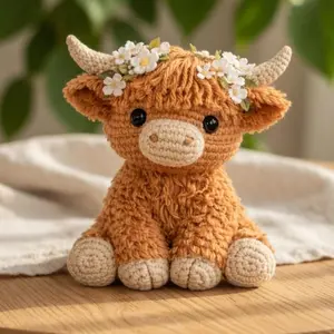 Handmade Crochet Highland Cow Plush with Flower Crown - Cute Amigurumi Stuffed Animal, Aesthetic Cow Gift for Her, Soft Knitted Plushie