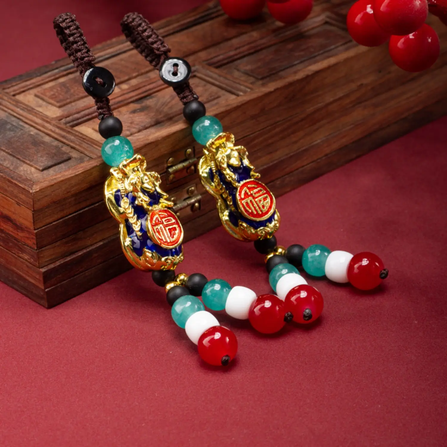 Cute Chinese PiXiu Keychain - Single/Set Lucky Wealth Amulet with Fu Character Beads, Tassels, Lanyard, Camping Hammock Backpack Purse Hanging Decoration, Unisex New Year Gift