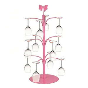 3-Tier Cocktail Tree Stand – Pink Drink Display Rack with 12 Glass Holders for Champagne, Wine & Cocktails