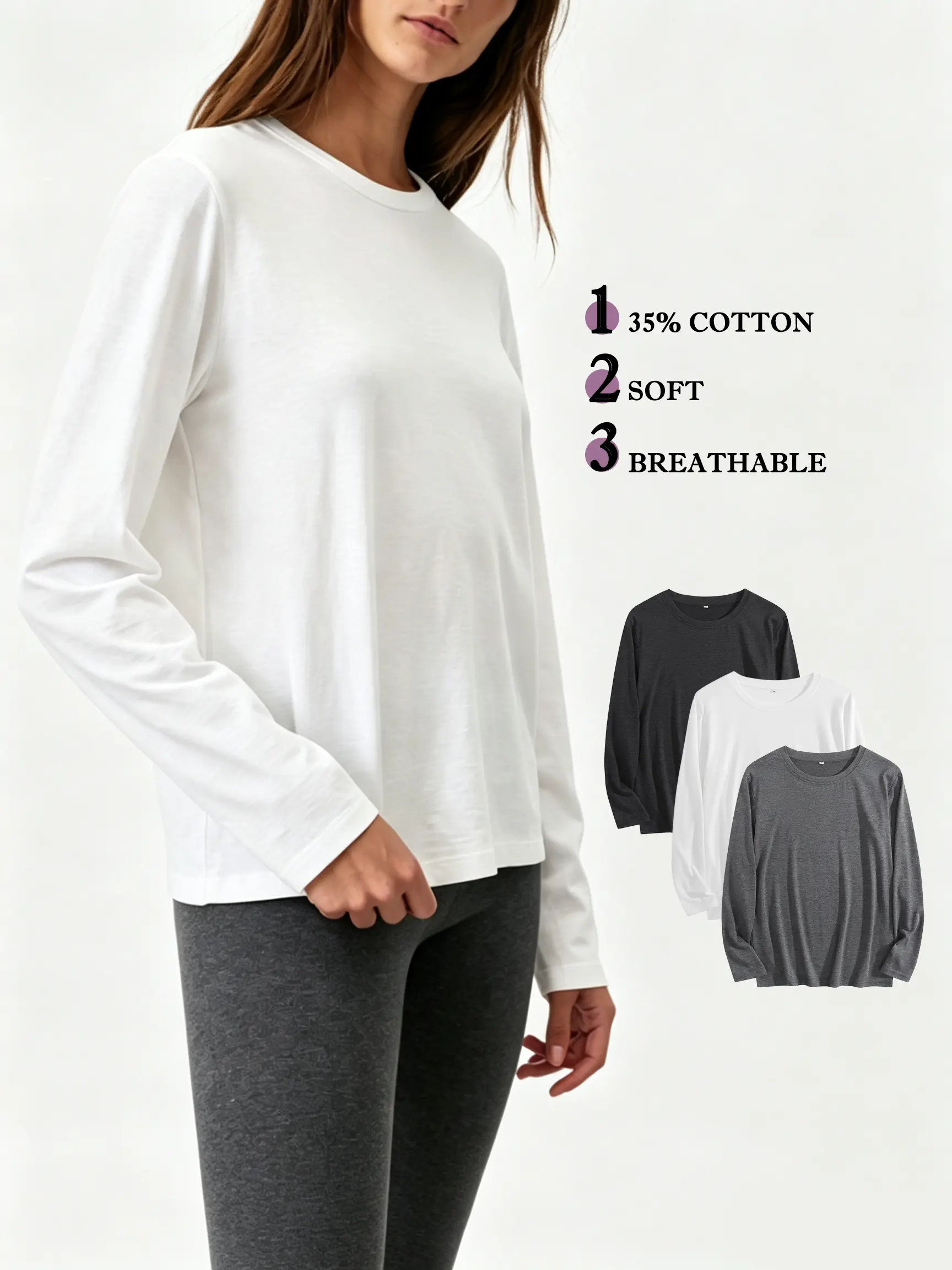 Women's 3-Pack Round Neck Long Sleeve Basic Tees - 35% Cotton Spandex Fabric, Soft Breathable Solid Loose Shirts, Layering Tops for Day Wear, Spring Autumn (White, Black, Dark Grey) - Pair with Cardigans, Coats, Fit Casual Crewneck, Longsleeves Womenswear