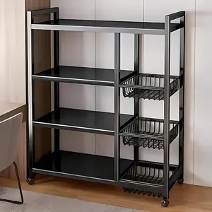 1pc Movable Storage Rack, Adjustable 4-Layer Kitchen Shelf With 3 Wire Baskets, Kitchen Organizer And Storage, Metal Shelf With Wheels, Suitable For Garage, Pantry, Bathroom, Closet, Greenhouse Gift New Home